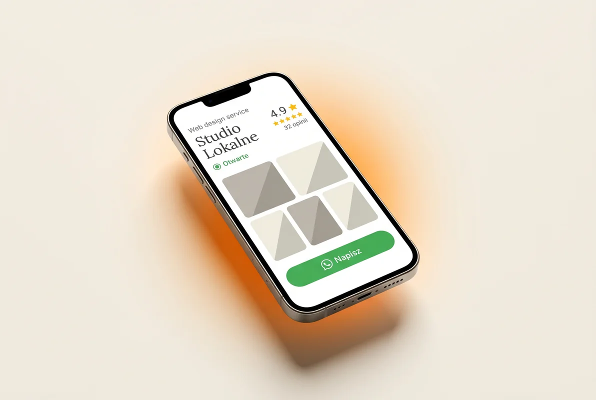 Wizytówka Google dla małej firmy: ocena 4.9, kategoria 'Web design service', pre-filled WhatsApp button 'Napisz' jako primary CTA